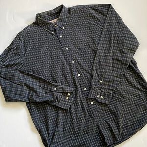 AKA Eddie Bauer blue, green & yellow plaid long sleeve button down.  Men’s XL